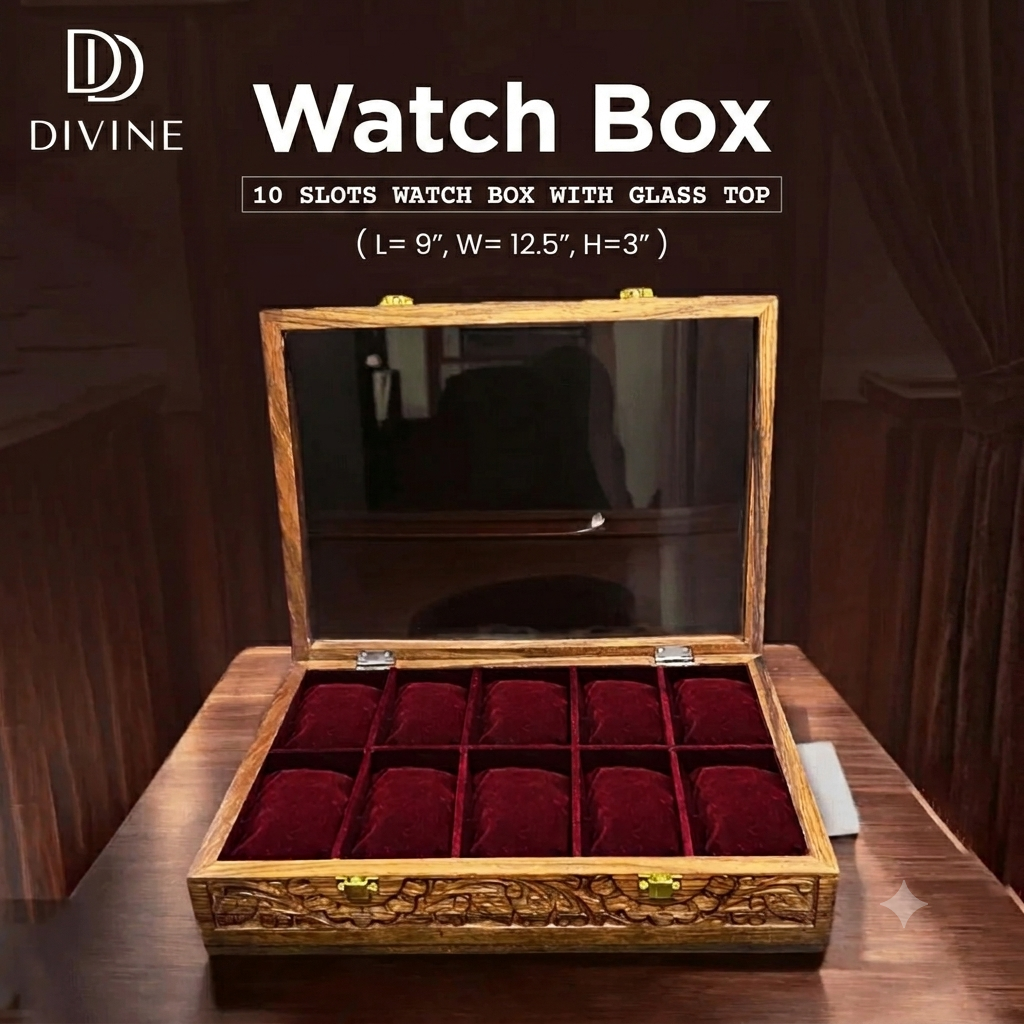 Handcrafted Wooden Watch Box with Glass Top (10 Slots)