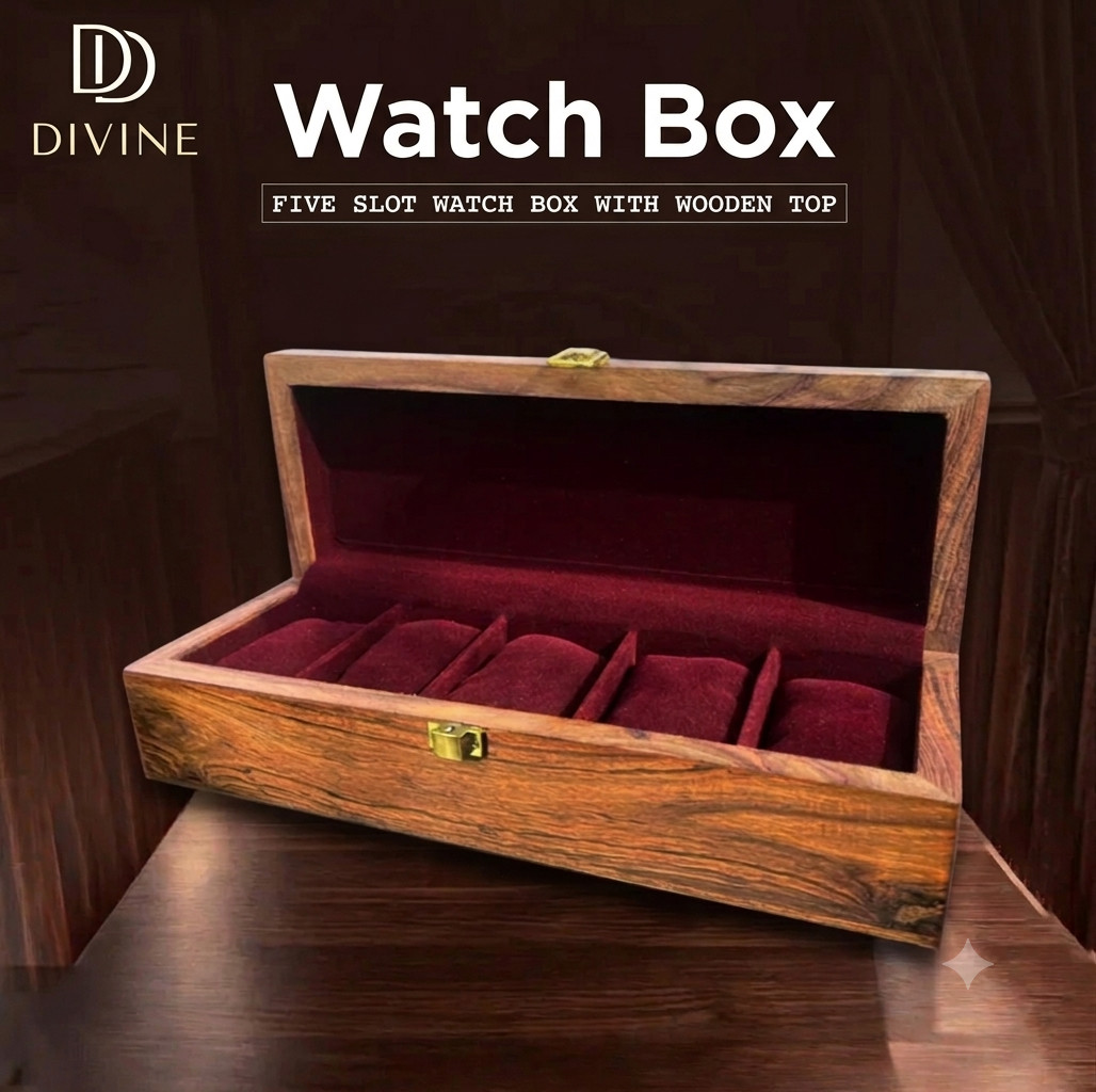 DIVINE Handmade Exotic Wood 5-Slot Watch Box - Rich Crimson Velvet Interior