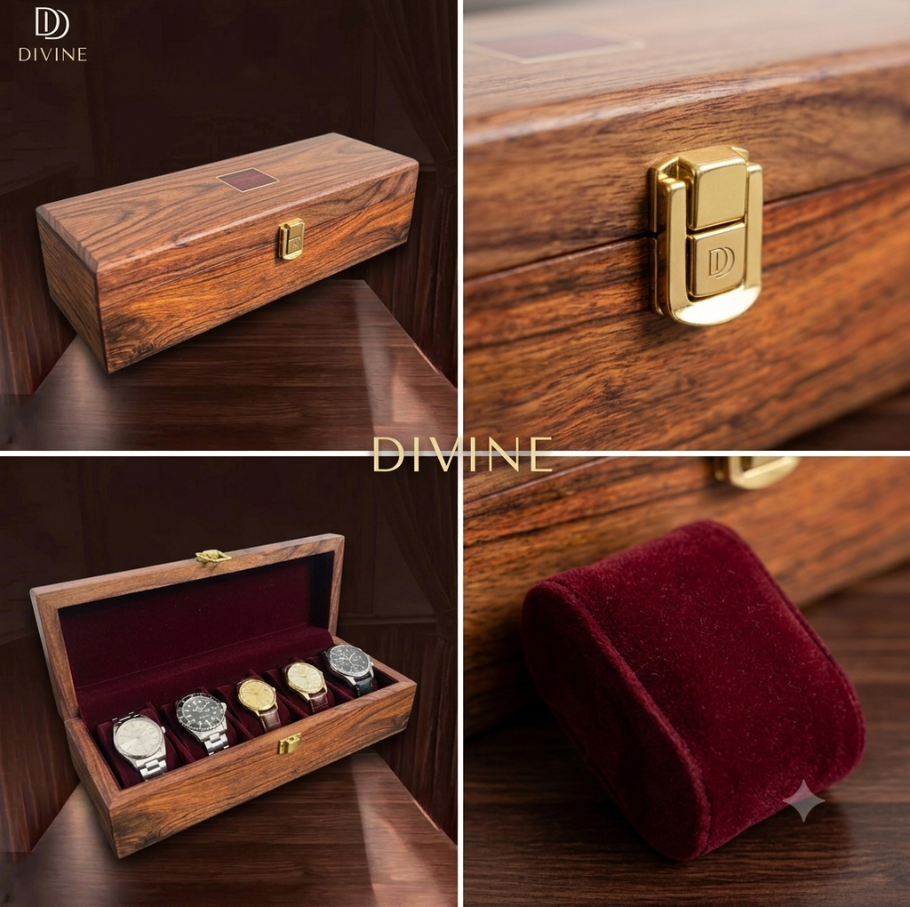 DIVINE Handmade Exotic Wood 5-Slot Watch Box - Rich Crimson Velvet Interior