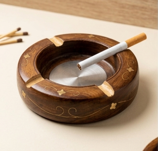 Handcrafted Wooden Ashtray with Brass Inlay