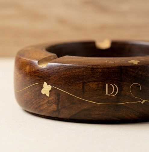 Handcrafted Wooden Ashtray with Brass Inlay