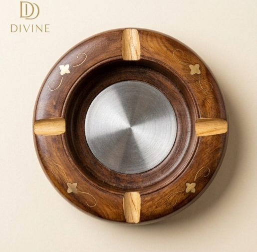 Handcrafted Wooden Ashtray with Brass Inlay
