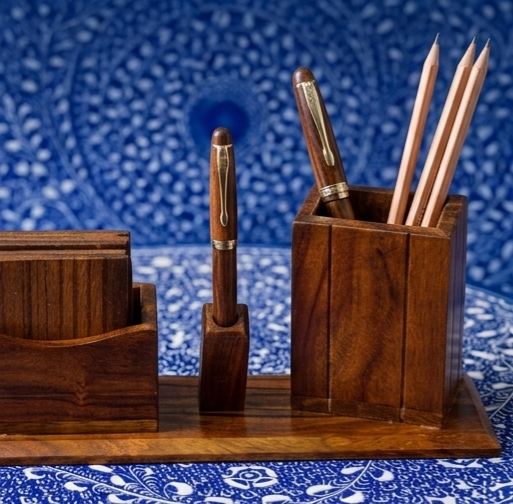 DIVINE Handcrafted Solid Sheesham Wood Desk Organizer Set