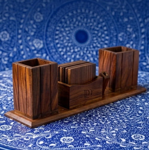 DIVINE Handcrafted Solid Sheesham Wood Desk Organizer Set