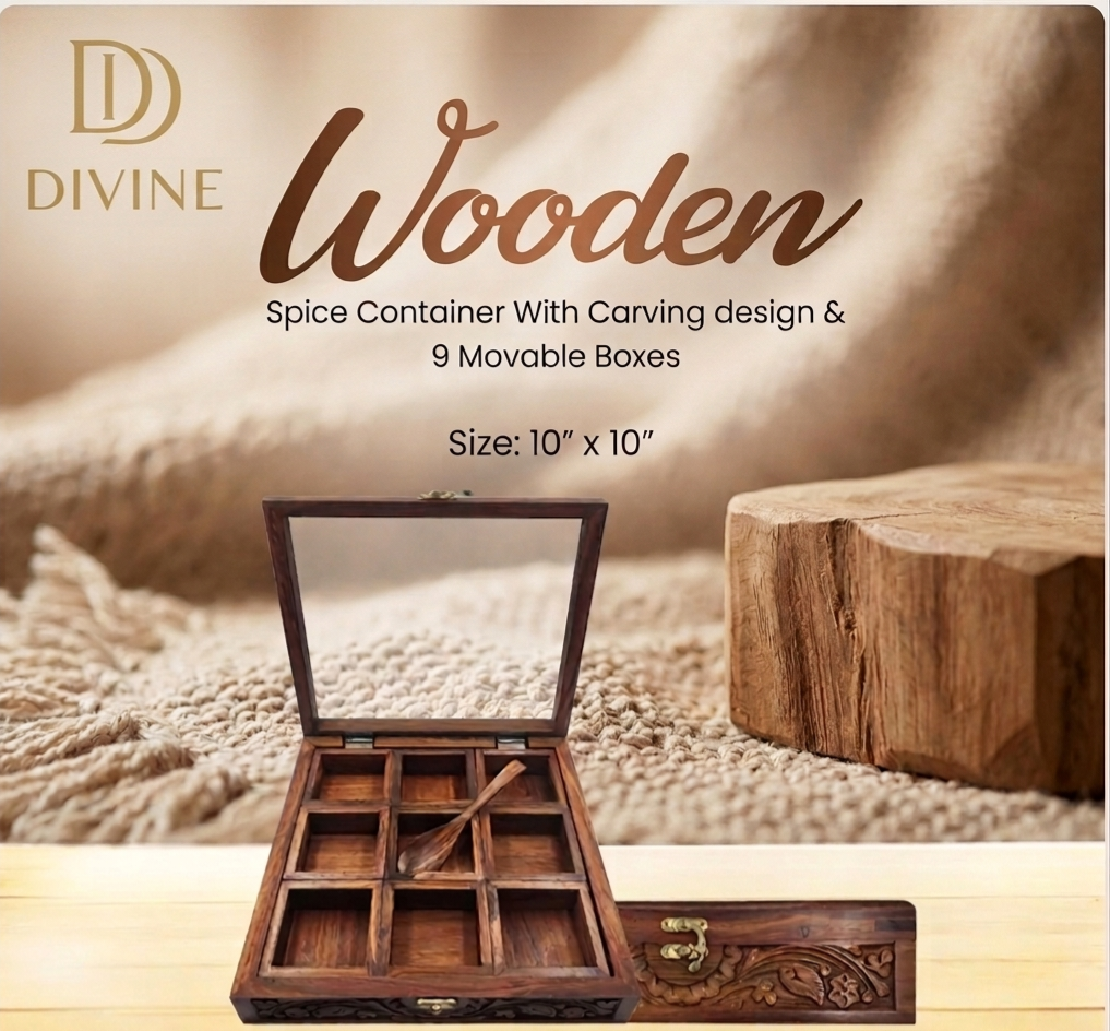 Premium Hand-Carved Wooden Spice Box with 9 Movable Containers