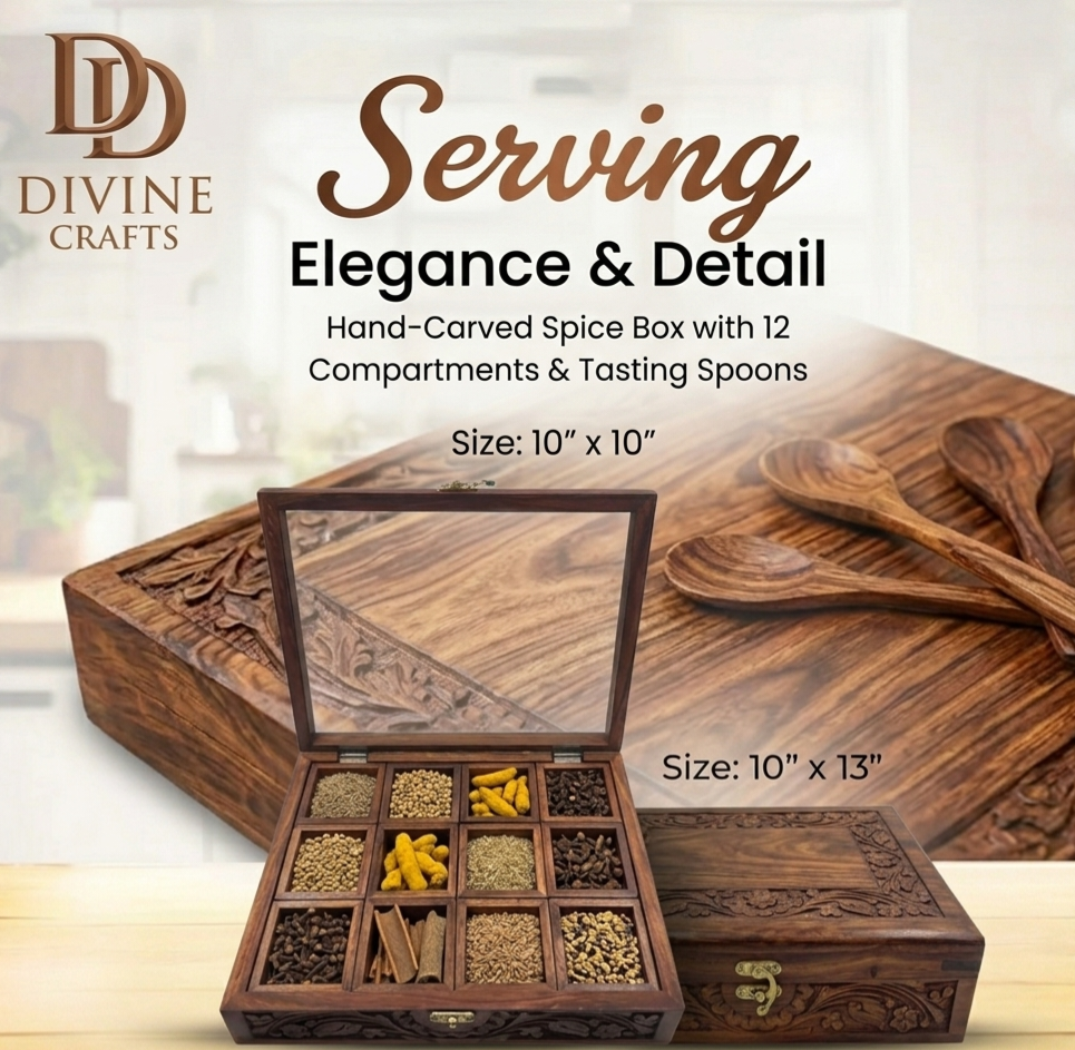 Premium Hand-Carved Wooden Spice Box with 12 Compartments
