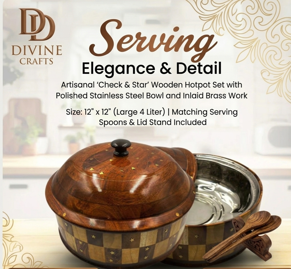 Premium Wooden Hotpot with Stainless Steel Bowl & Brass Inlaid Star Work