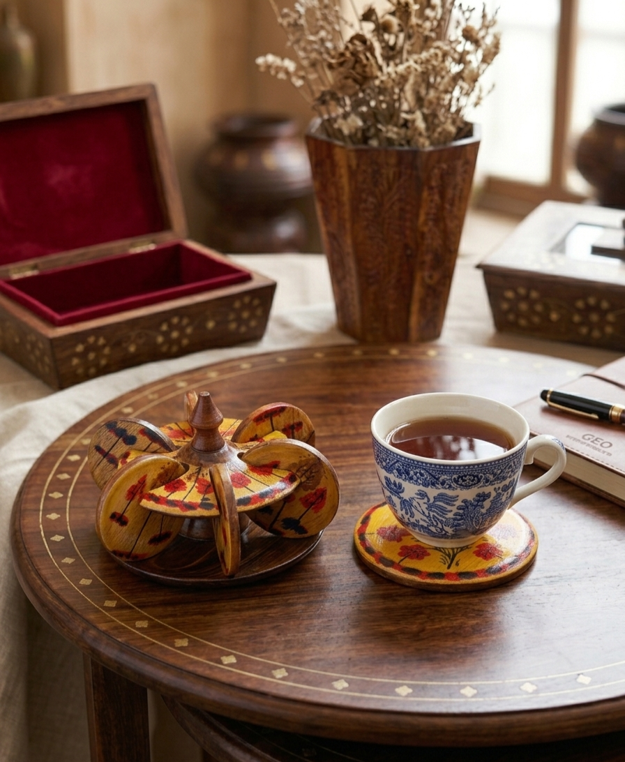 Hand-Painted Wooden Coaster Set with Holder (6-Piece)