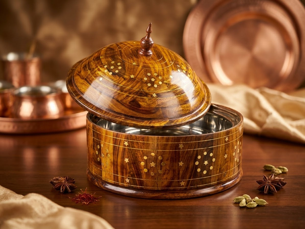 Handcrafted Wooden Hotpot with Brass Star Inlays