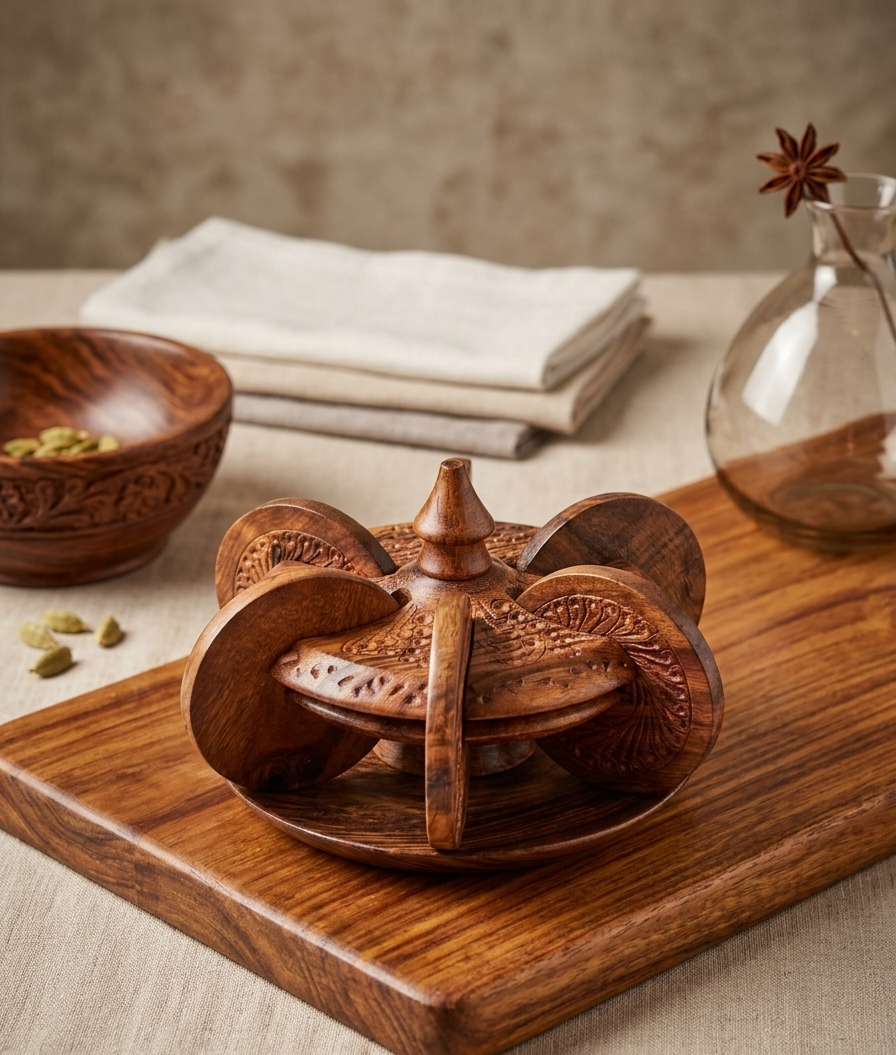 Handcrafted Wooden Coaster Set with Carved Spinning Carousel Holder