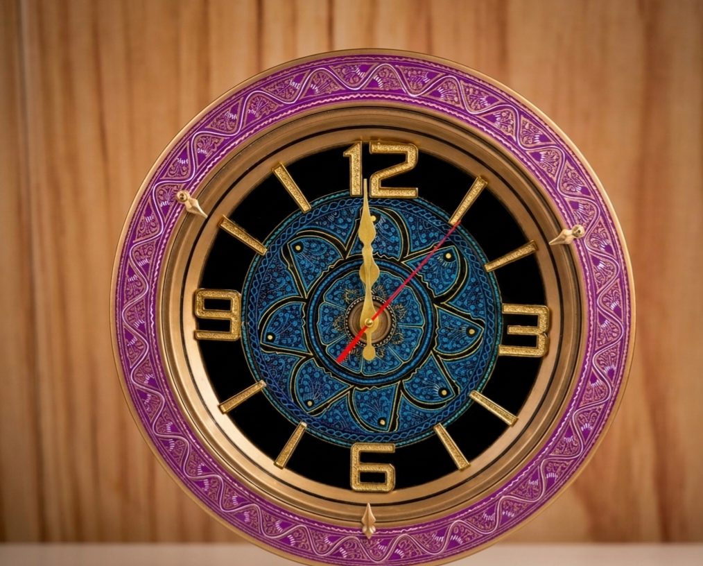 Arabesque Hand-Carved Wooden Wall Clock with Purple & Gold Accents