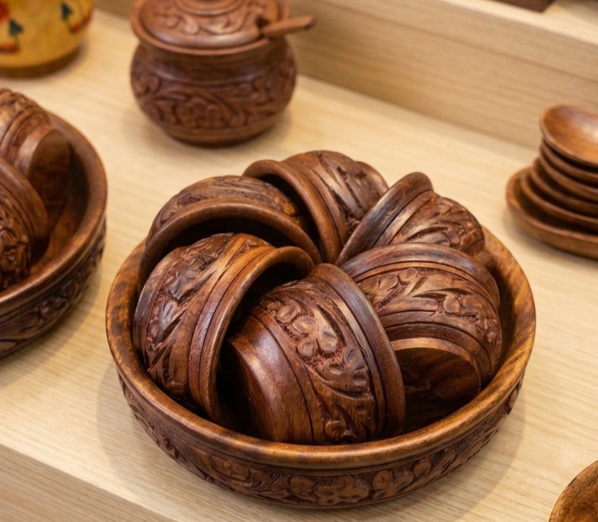 Hand-Carved Wooden Soup & Snack Bowls – 7-Piece Premium Carved Cup Set