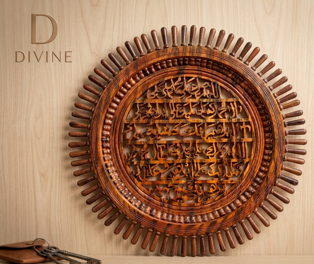 Handcrafted Circular Wooden Islamic Wall Art – Intricate Calligraphy Carving – Premium Decorative Wall Hanging