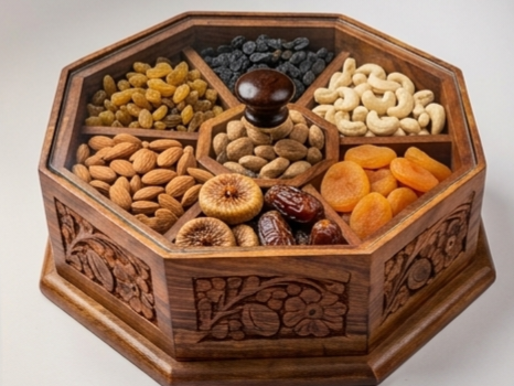 Hand-Carved Octagonal Wooden Dry Fruit Organizer with Glass Lid