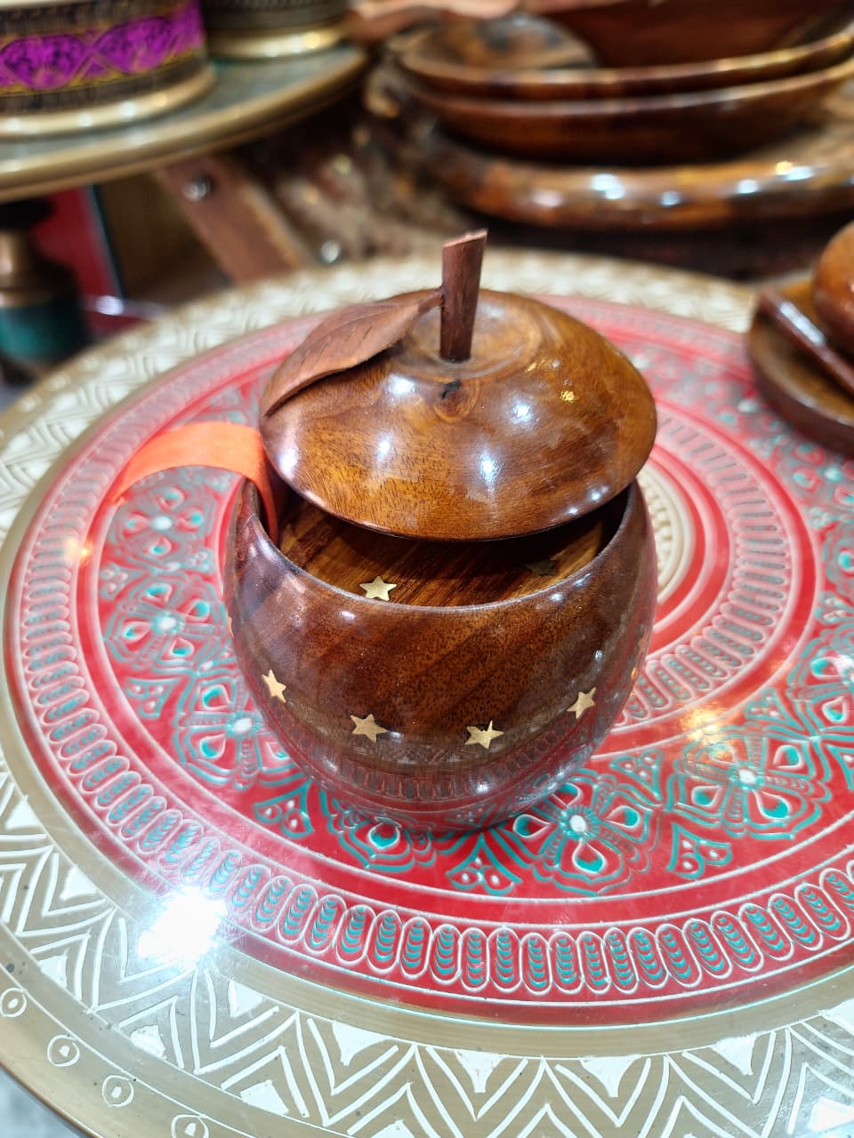 Handcrafted Apple-Shaped Wooden Tableware & Brass Hand Coaster Set