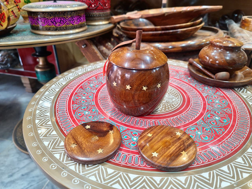 Handcrafted Apple-Shaped Wooden Tableware & Brass Hand Coaster Set