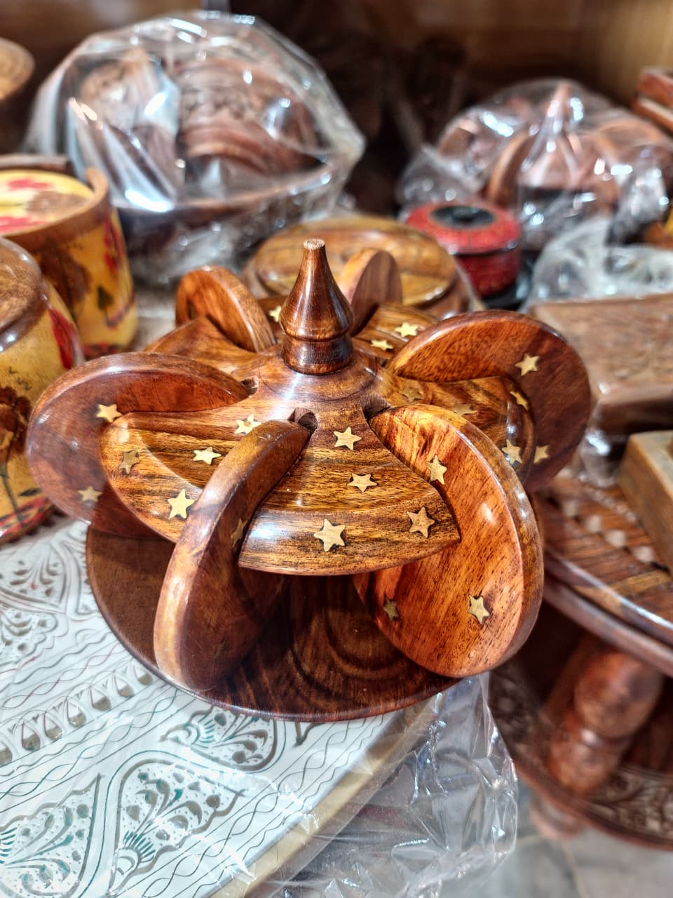 Handcrafted Wooden Coaster Set with Brass Star Inlays & Carousel Stand