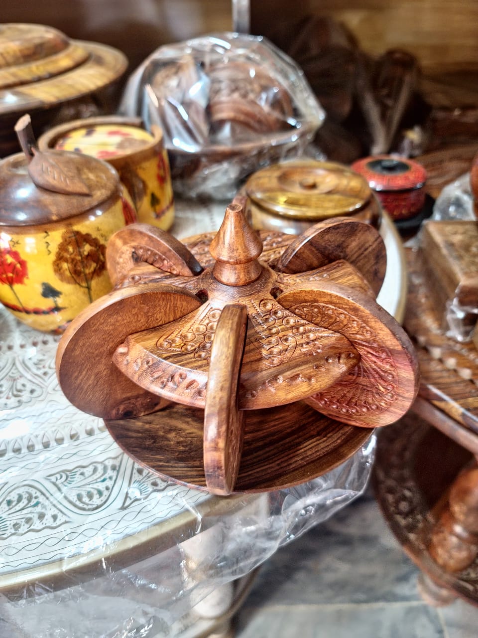 Handcrafted Wooden Coaster Set with Carved Spinning Carousel Holder