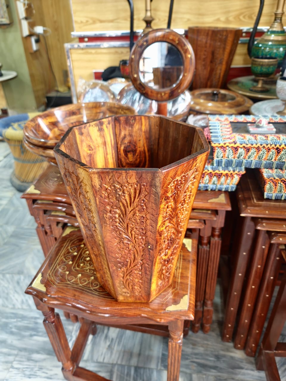 Luxury Carved Wood Trash Can Artisanal Home & Office Waste Paper Basket