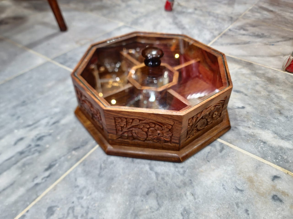Hand-Carved Octagonal Wooden Dry Fruit Organizer with Glass Lid