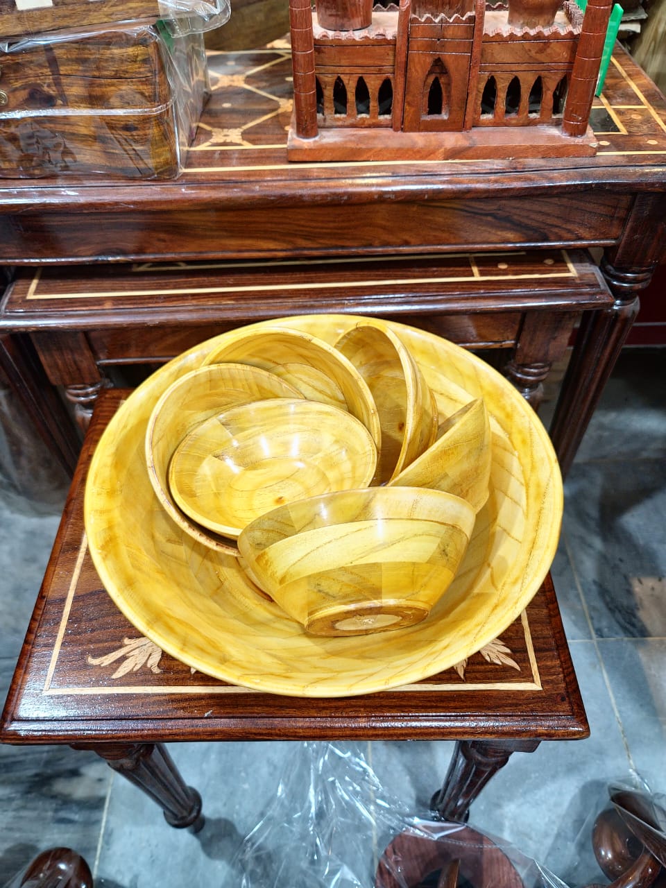 Premium Handcrafted Wooden Bowl Set 7-Piece Nesting Salad & Serving Bowls