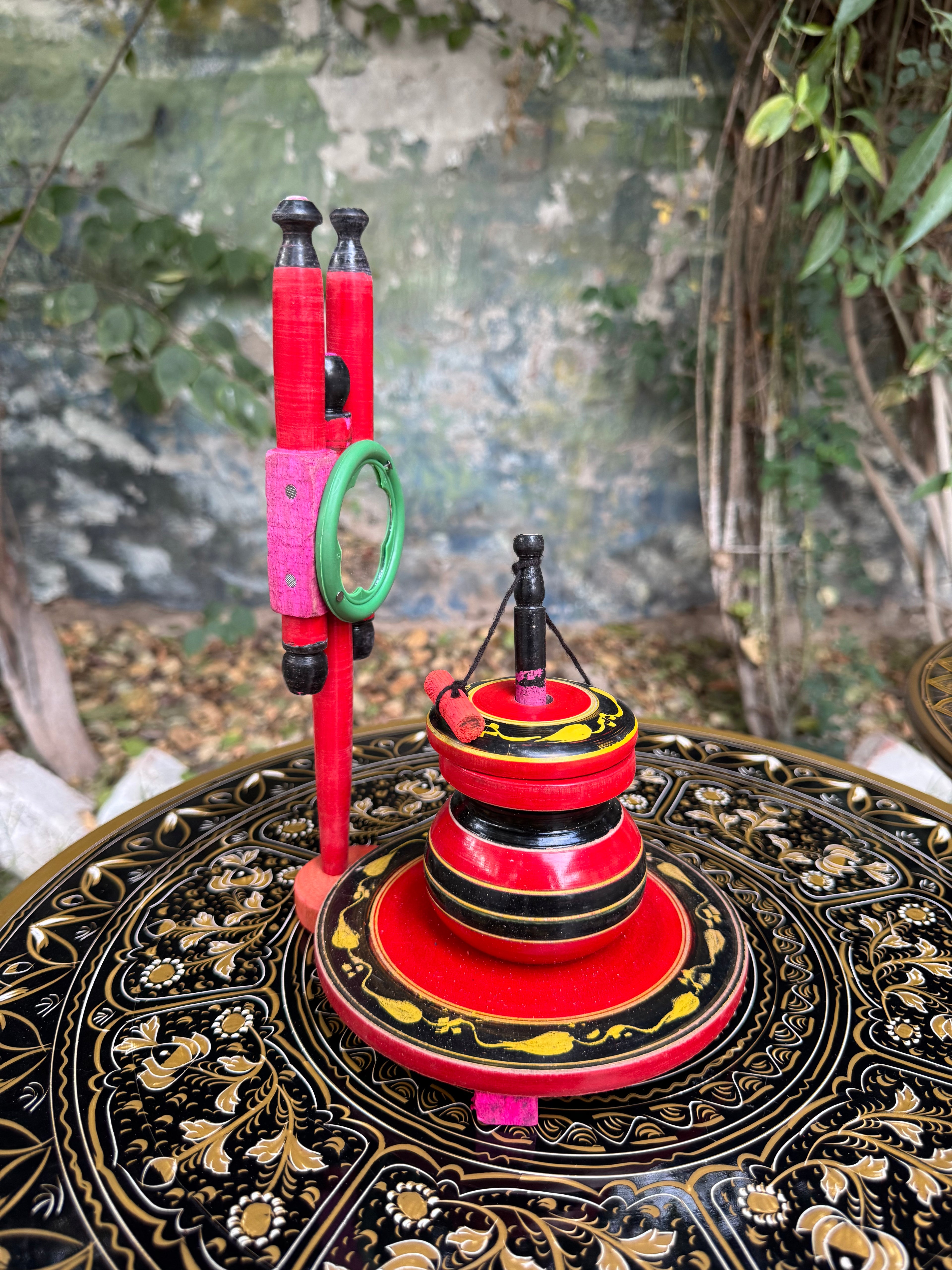 Handcrafted Traditional Wooden Charkha Table Decor | Authentic Lacquer Art Showpiece