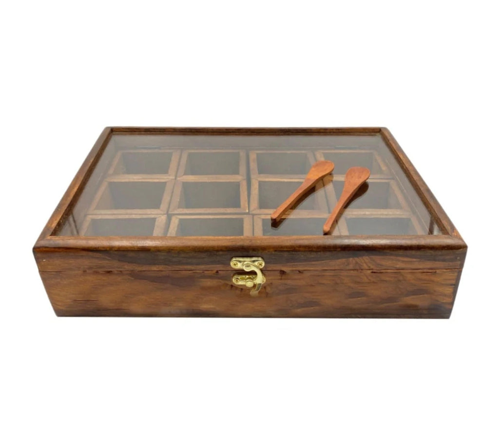 Premium Hand-Carved Wooden Spice Box with 12 Compartments