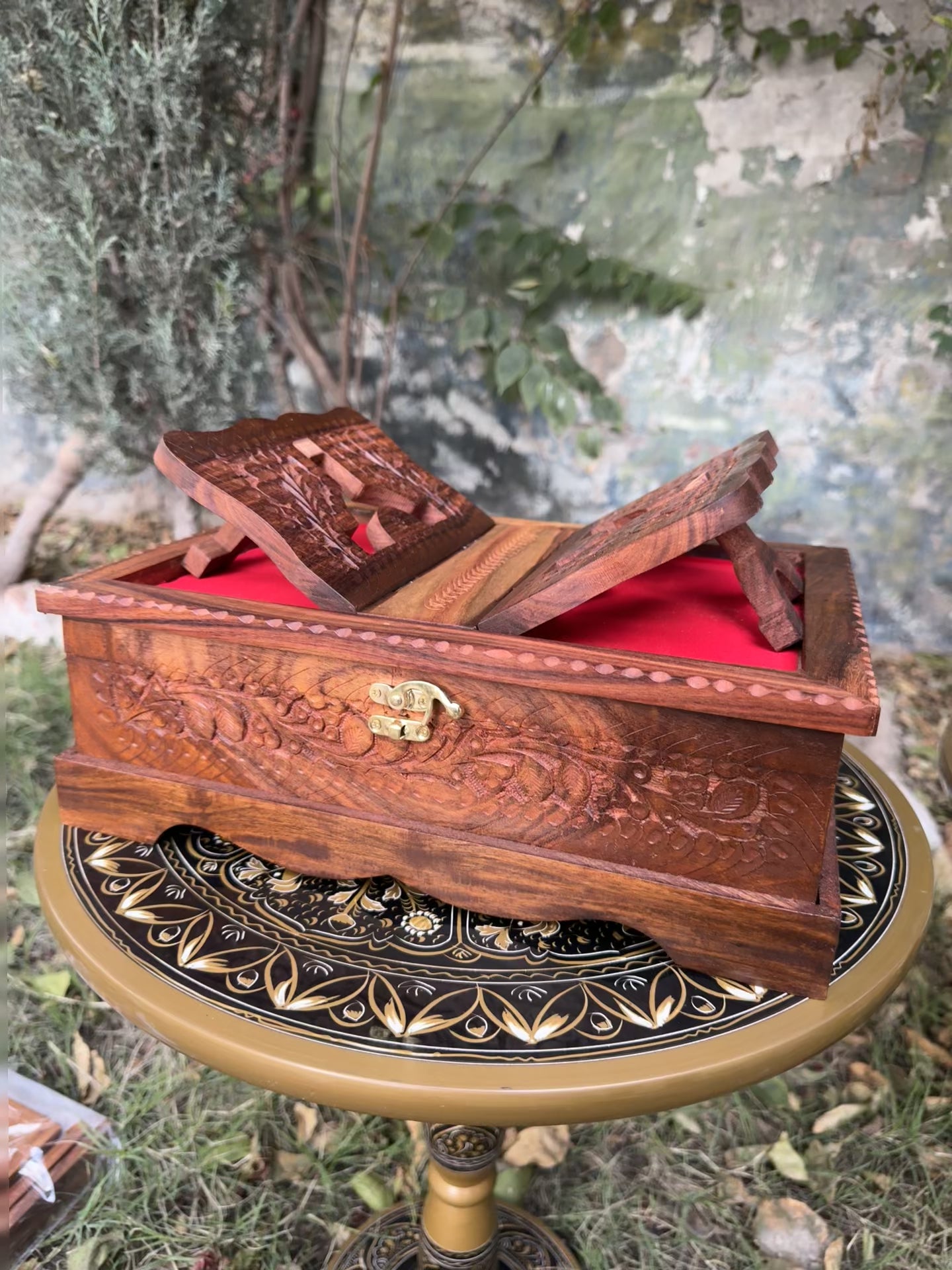 Premium Wooden Quran Box with Integrated Rehal Stand & Red Velvet Lining