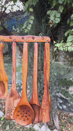 Handcrafted Wooden 7-Piece Cooking Spoon Set with Hooked Stand