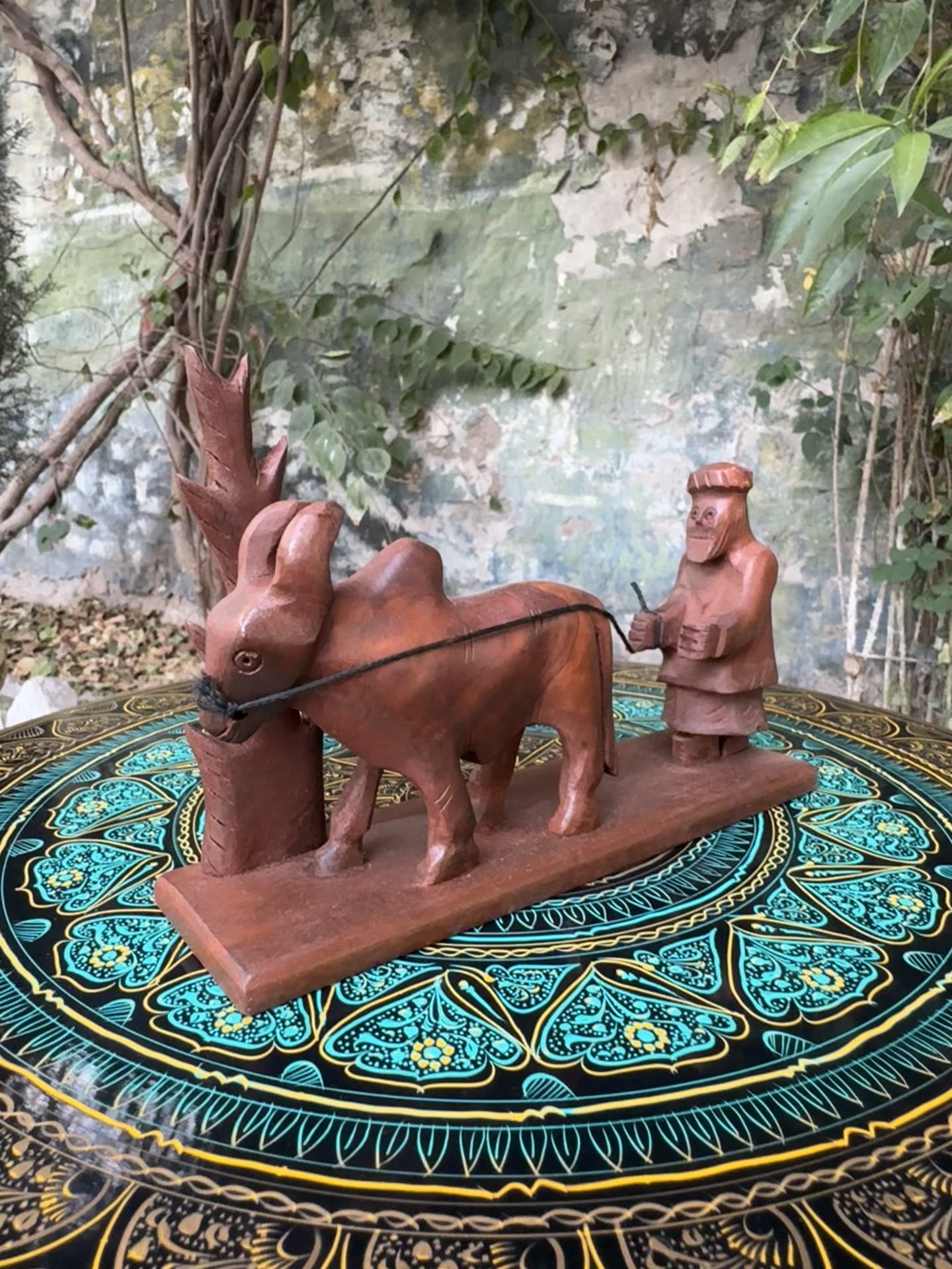 Handcrafted Wooden "Rural Solitude" Buffalo & Man Sculpture