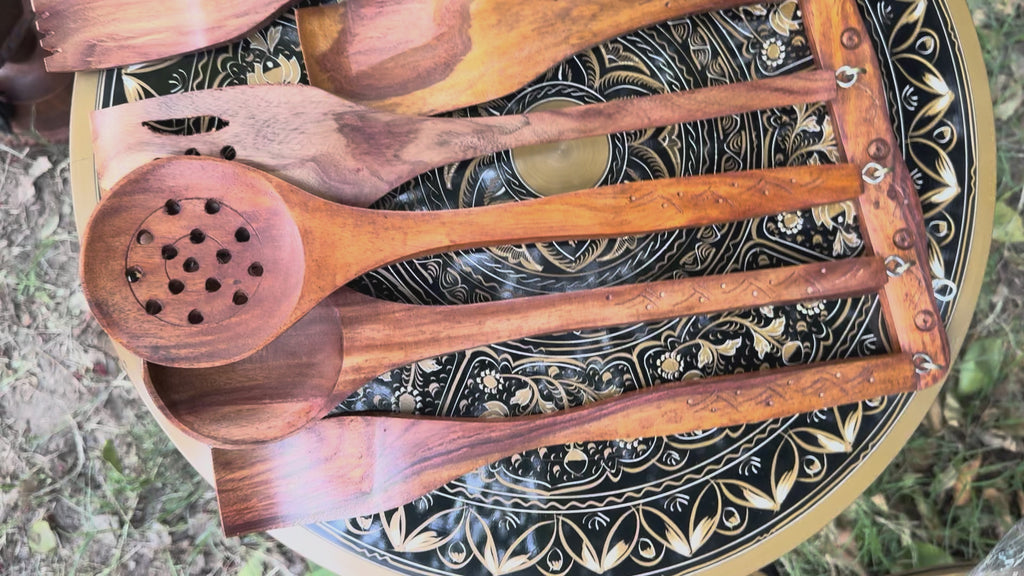 Handcrafted Wooden 7-Piece Cooking Spoon Set with Hooked Stand