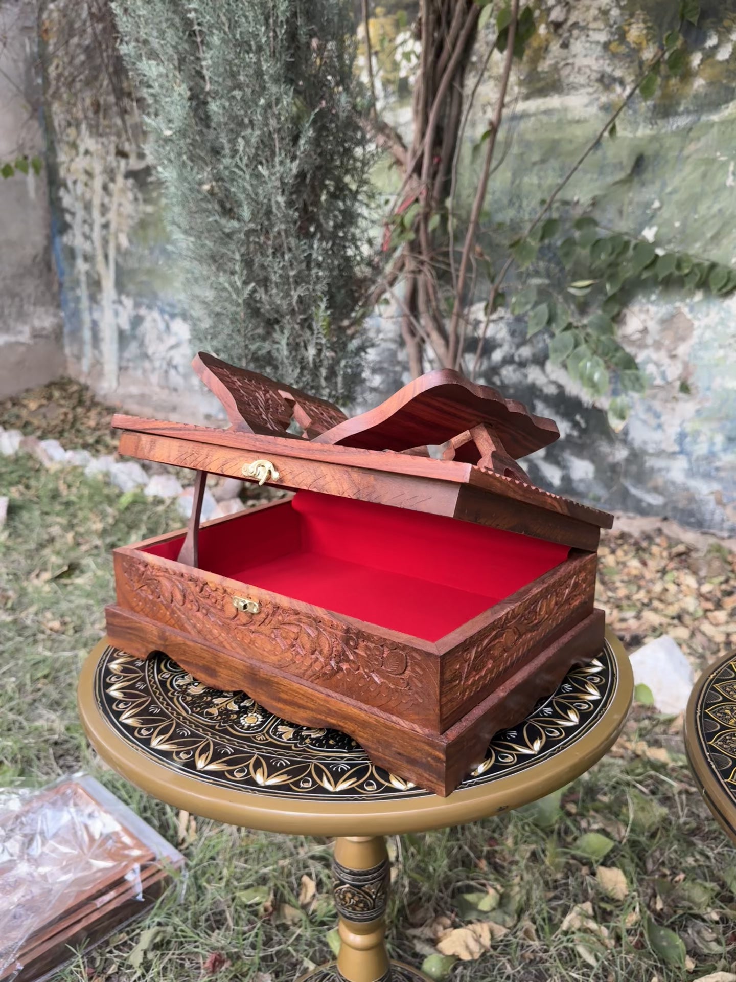 Premium Wooden Quran Box with Integrated Rehal Stand & Red Velvet Lining