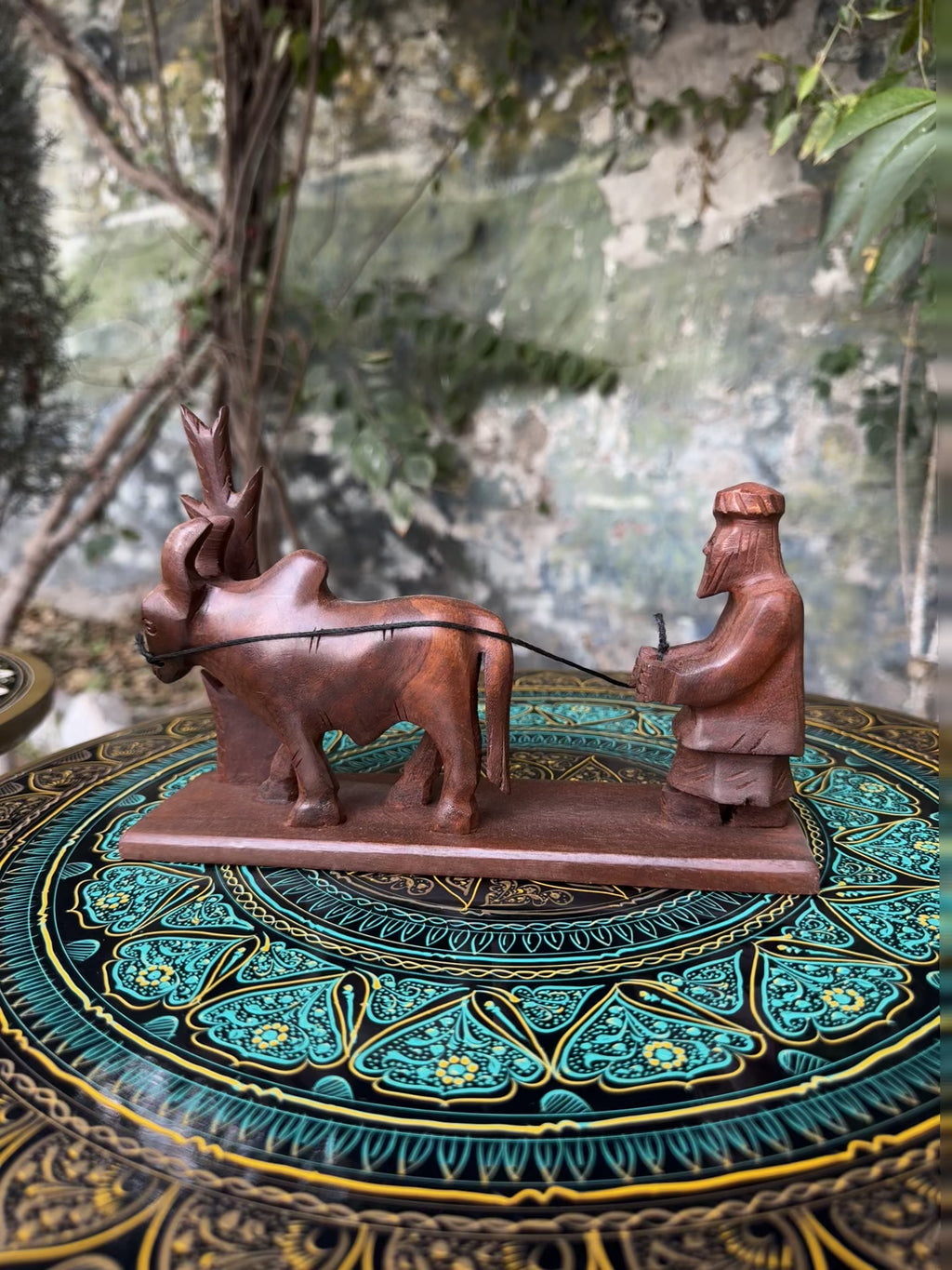 Handcrafted Wooden "Rural Solitude" Buffalo & Man Sculpture