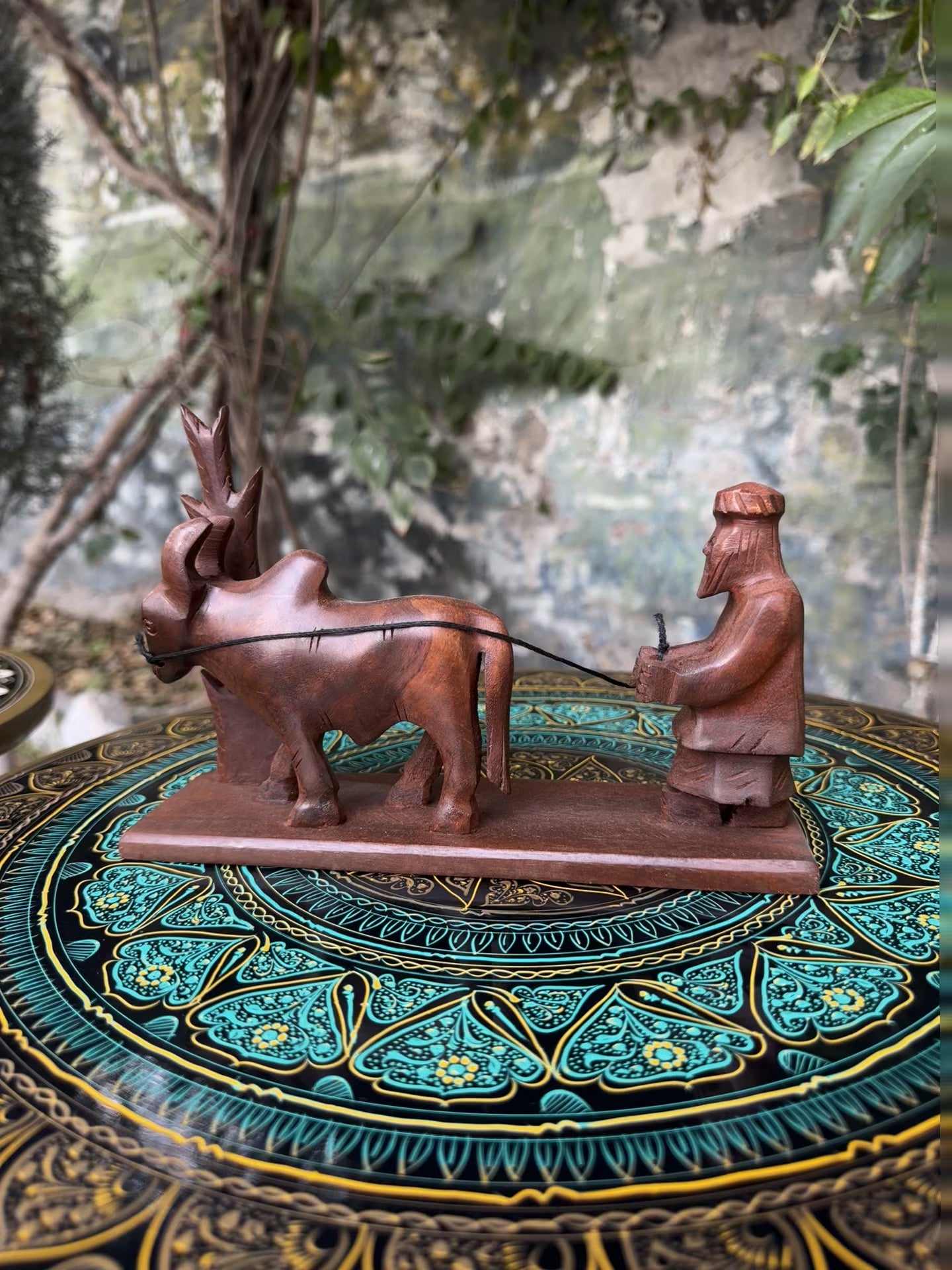 Handcrafted Wooden "Rural Solitude" Buffalo & Man Sculpture