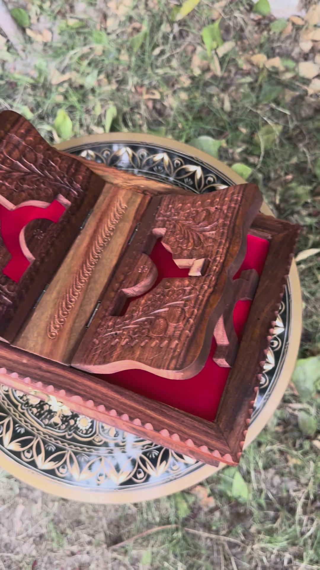 Premium Wooden Quran Box with Integrated Rehal Stand & Red Velvet Lining
