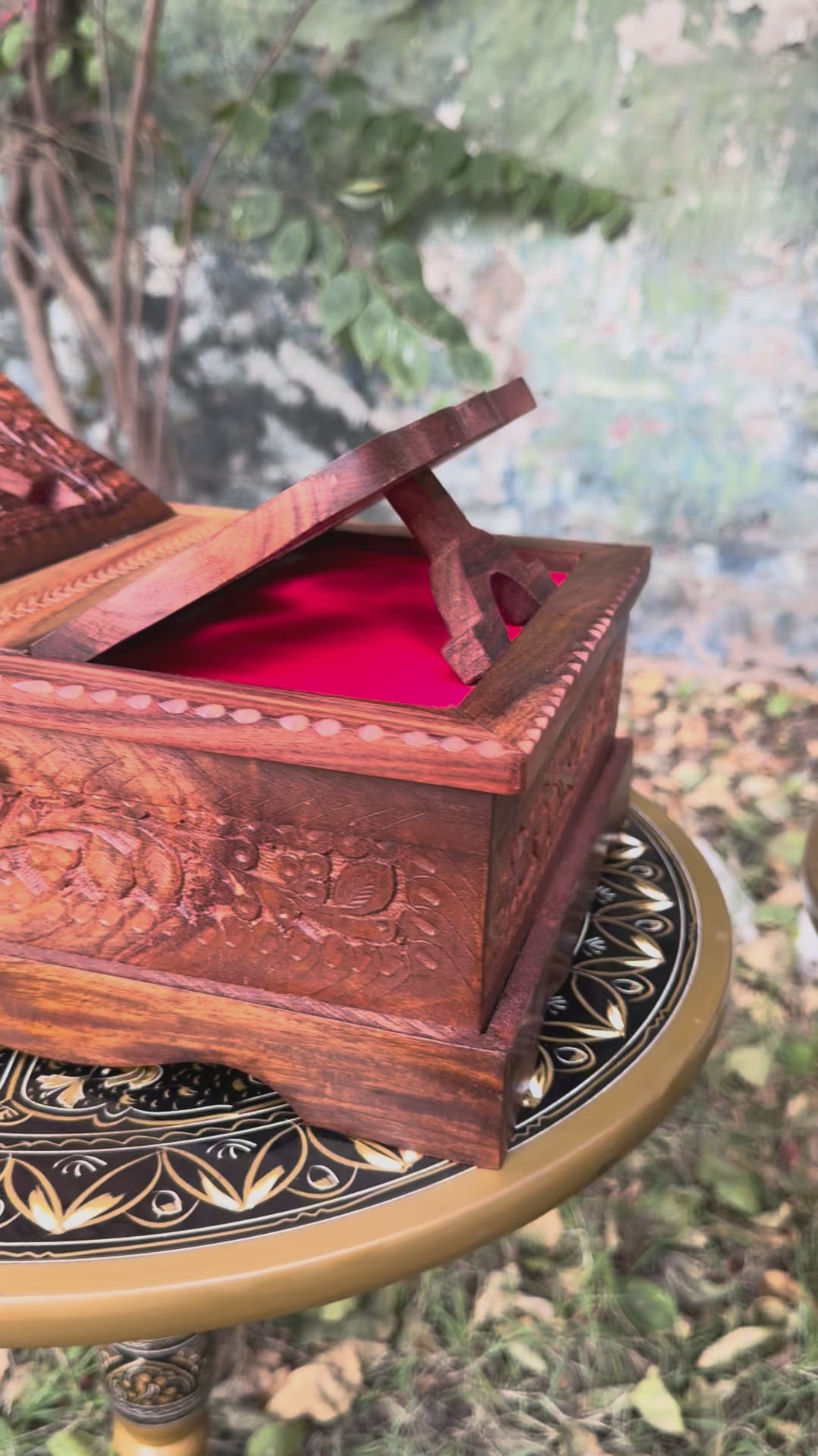Premium Wooden Quran Box with Integrated Rehal Stand & Red Velvet Lining