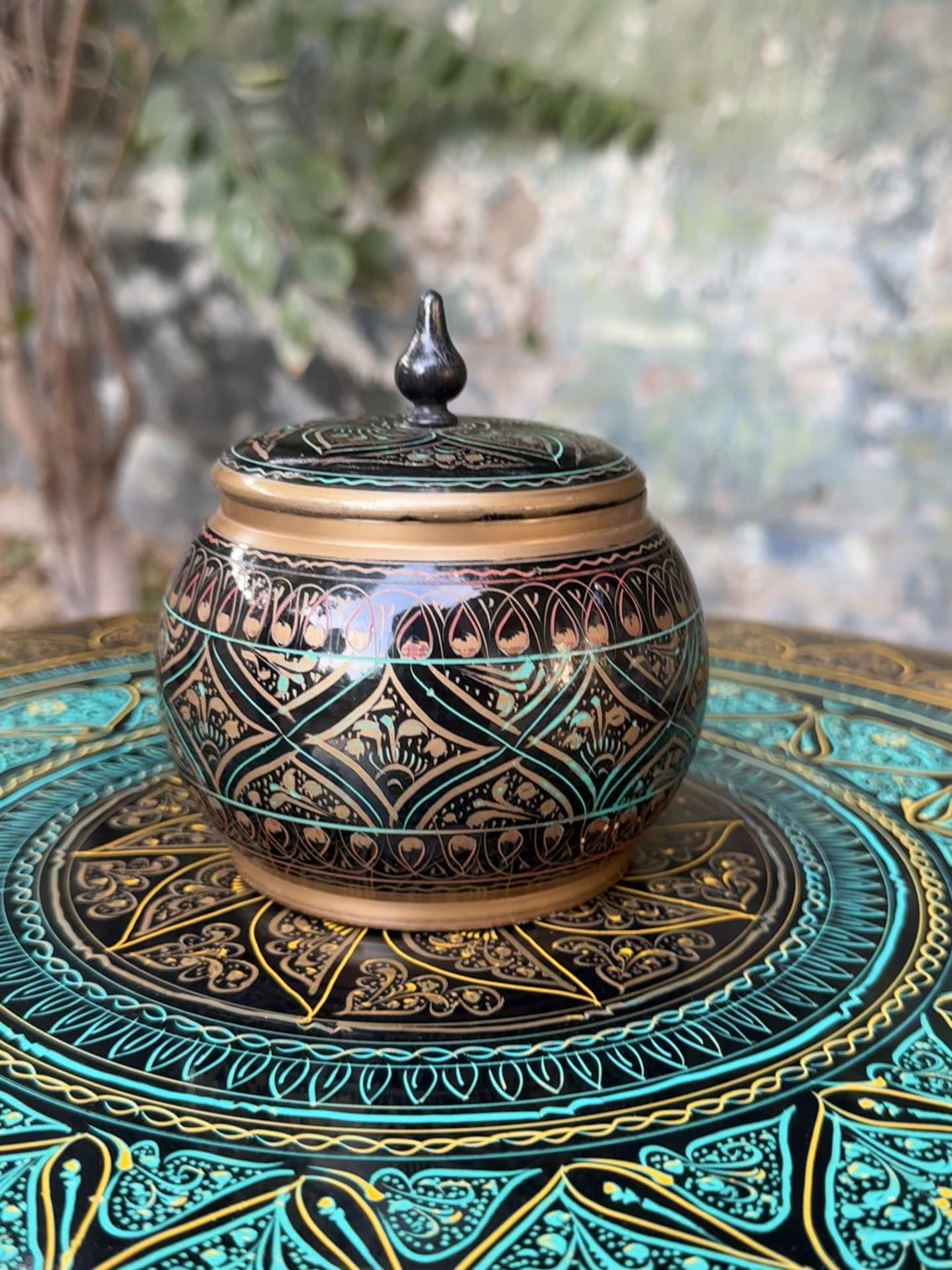 Handcrafted Naqshi Wooden Pot with Lid