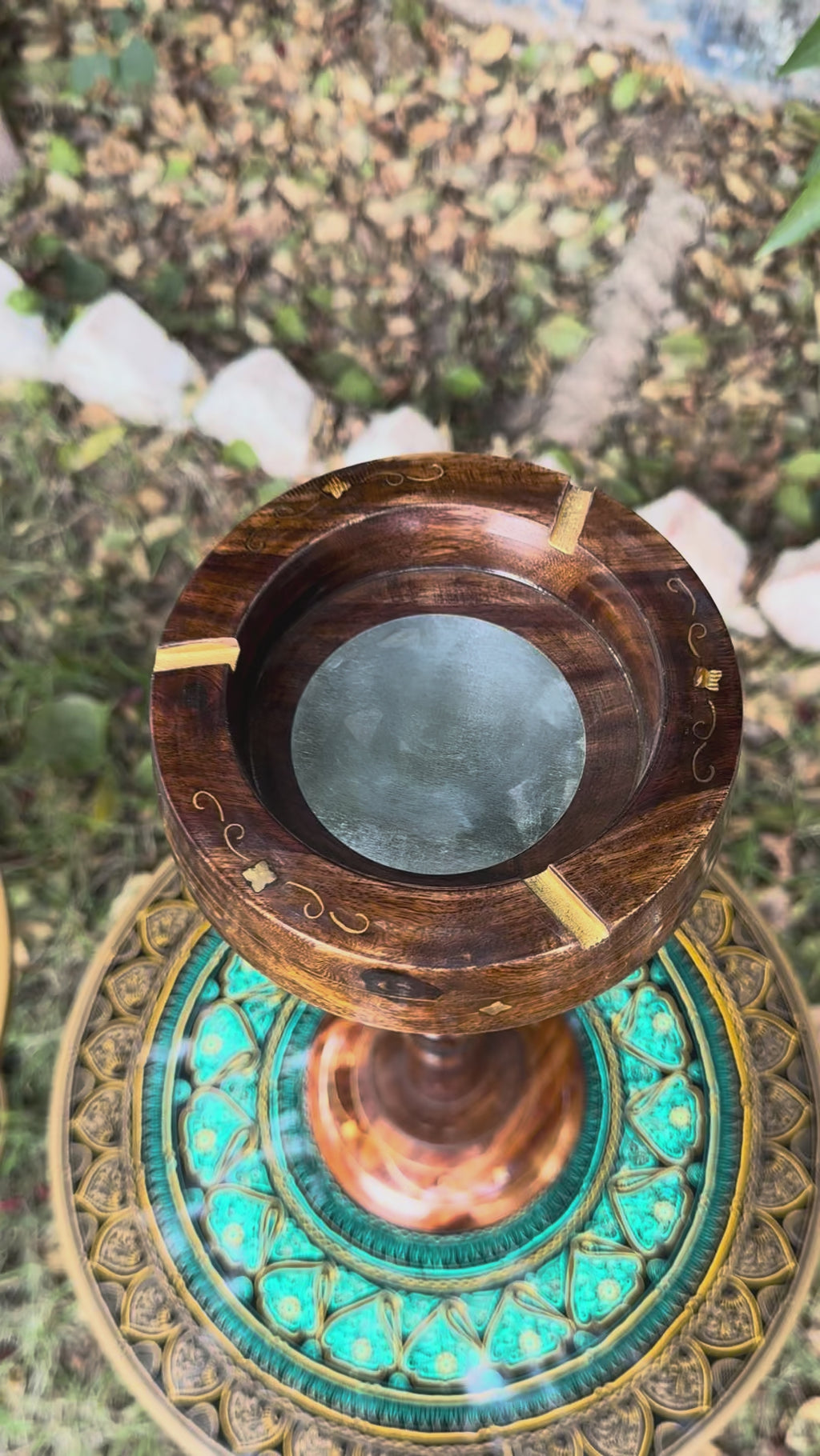 Handcrafted Wooden Floor-Standing Ashtray (with Intricate Brass Work)