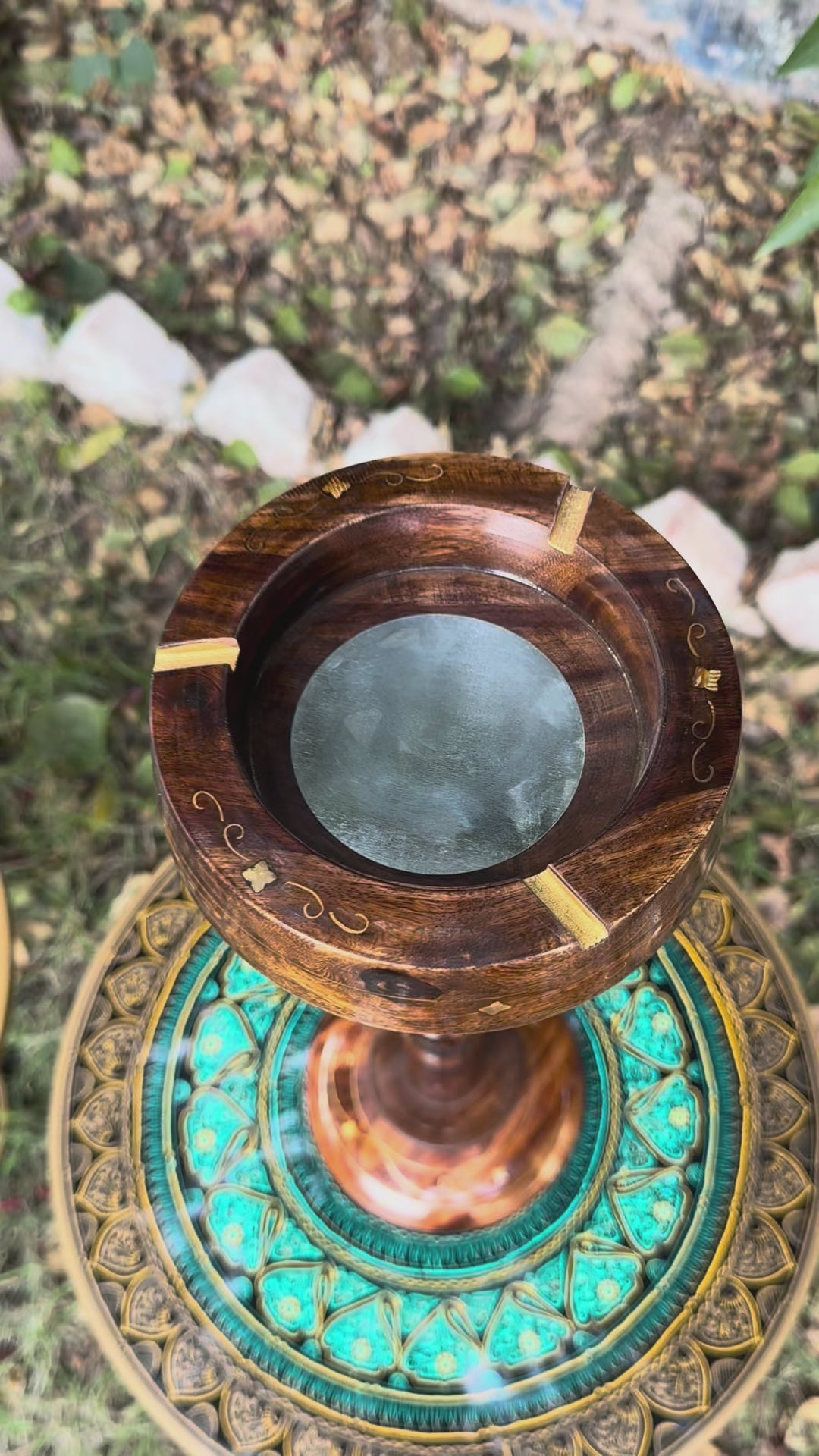 Handcrafted Wooden Floor-Standing Ashtray (with Intricate Brass Work)