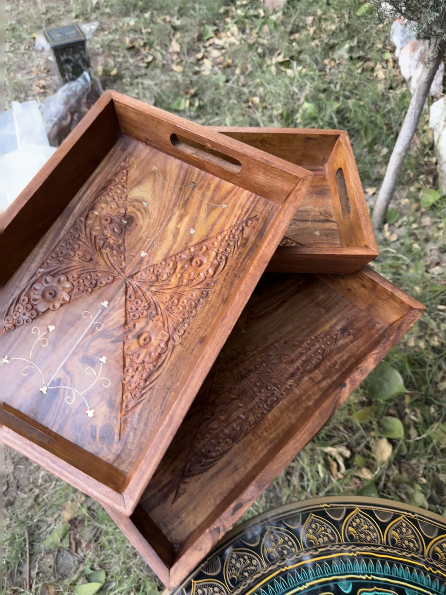 Set of 3 Handcrafted Wooden Serving Trays