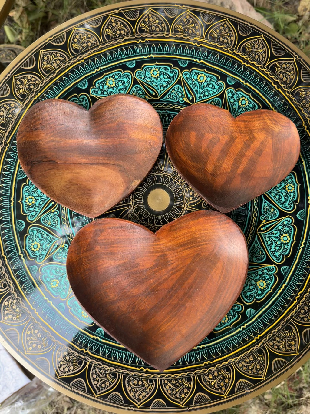Handcrafted Triple-Heart Wooden Dry Fruit & Snack Tray