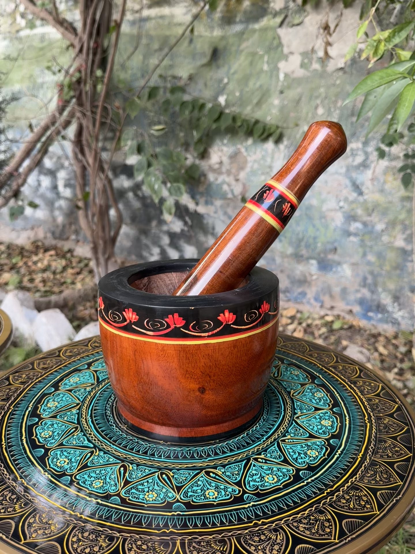 Handcrafted Naqshi Work Wooden Hawan Dasta (Mortar & Pestle)