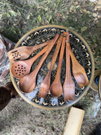 Handcrafted Wooden 7-Piece Cooking Spoon Set with Hooked Stand