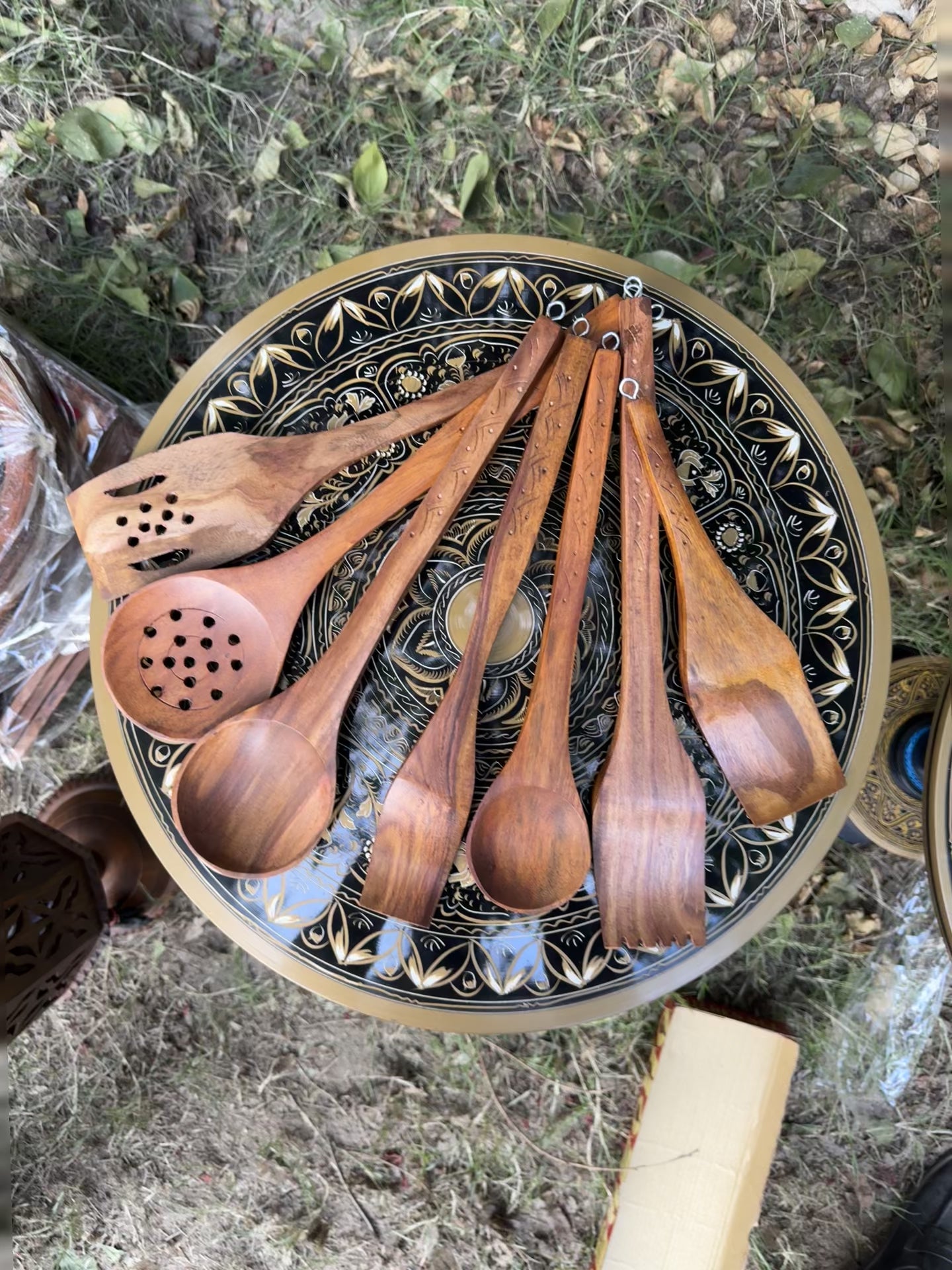 Handcrafted Wooden 7-Piece Cooking Spoon Set with Hooked Stand