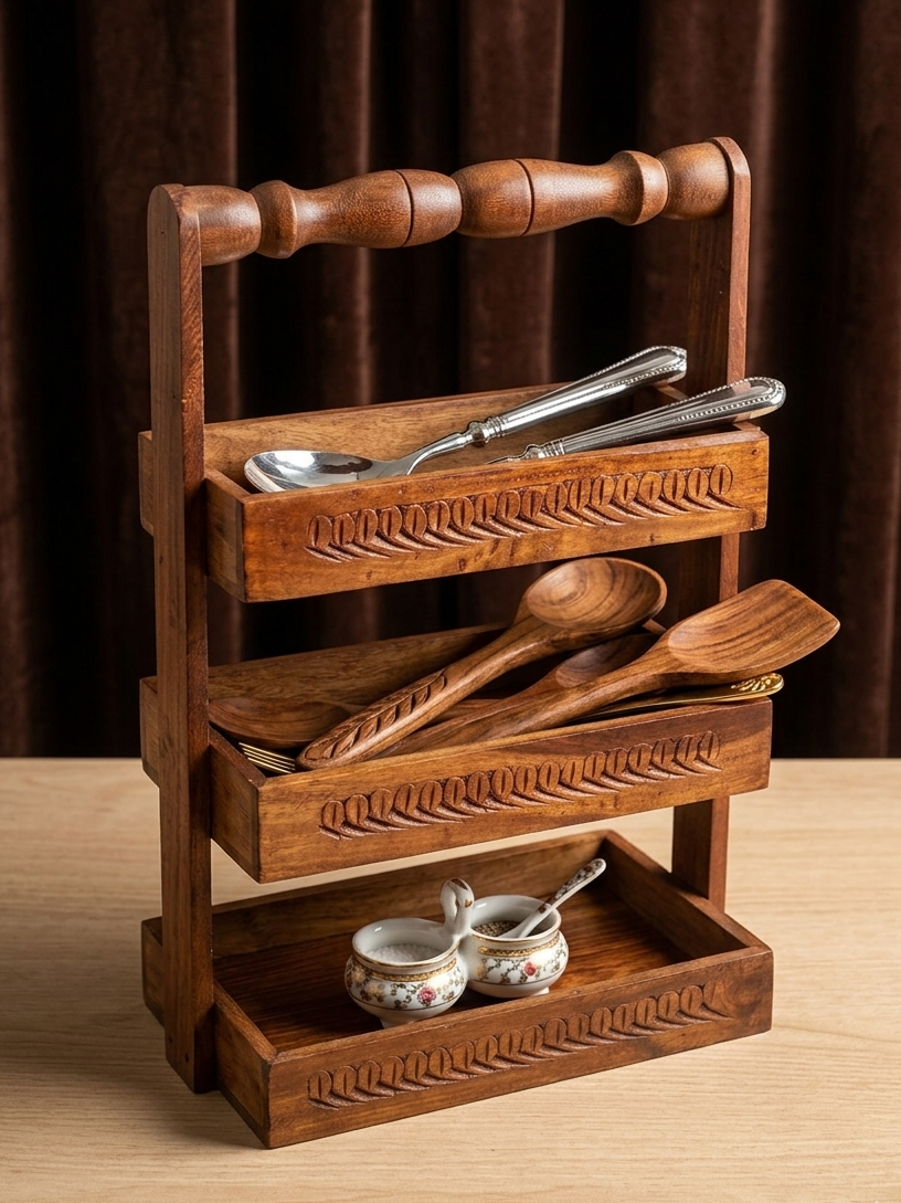Handcrafted 3-Tier Wooden Spoon Stand & Cutlery Organizer