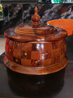 Handcrafted Wooden Casserole Bowl with Lid & Brass Inlay | dry fruit storage holder