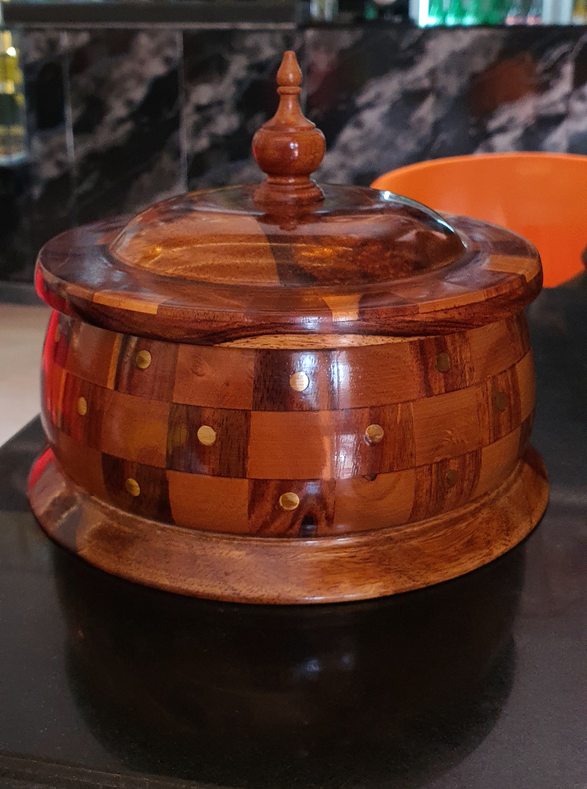 Handcrafted Wooden Casserole Bowl with Lid & Brass Inlay | dry fruit storage holder