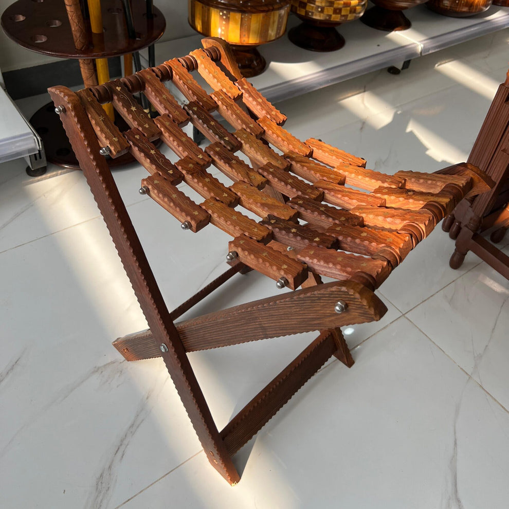 Wooden Folding Stool with Intricate Carved Design