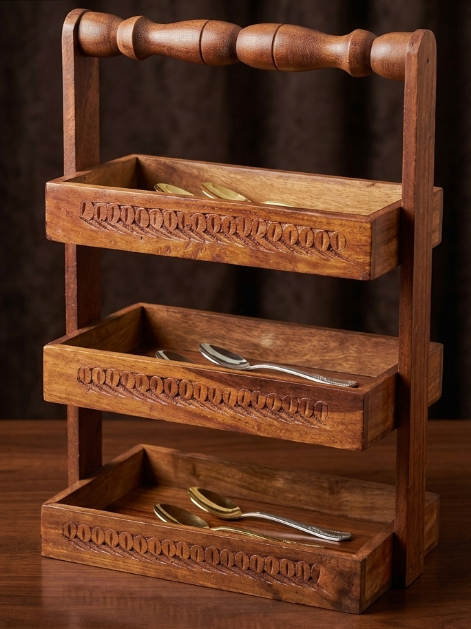 Handcrafted 3-Tier Wooden Spoon Stand & Cutlery Organizer