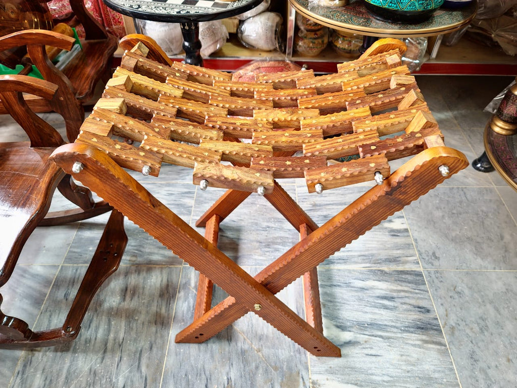 Wooden Folding Stool with Intricate Carved Design